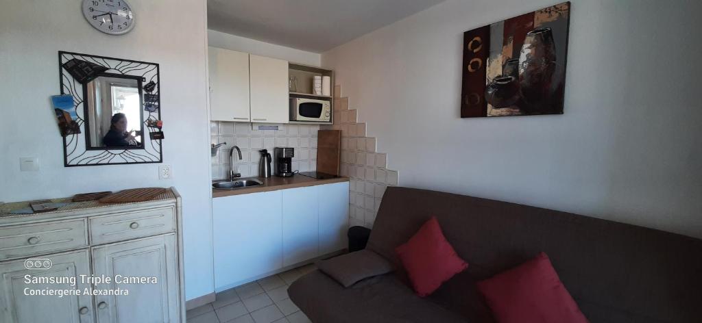 salon z kanapą i kuchnią w obiekcie Les Capitelles : Appartement vue montagne en residence avec piscine -sur le front de mer w mieście Saint-Cyprien