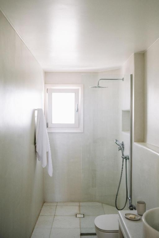 a bathroom with a shower and a toilet and a window at Ammothines Cycladic Suites in Naxos Chora
