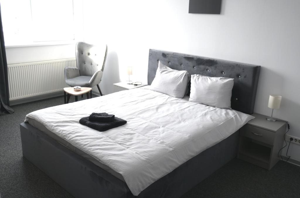 奧托佩尼的住宿－Luana Airport Apartments #8，一间卧室配有一张大床和椅子