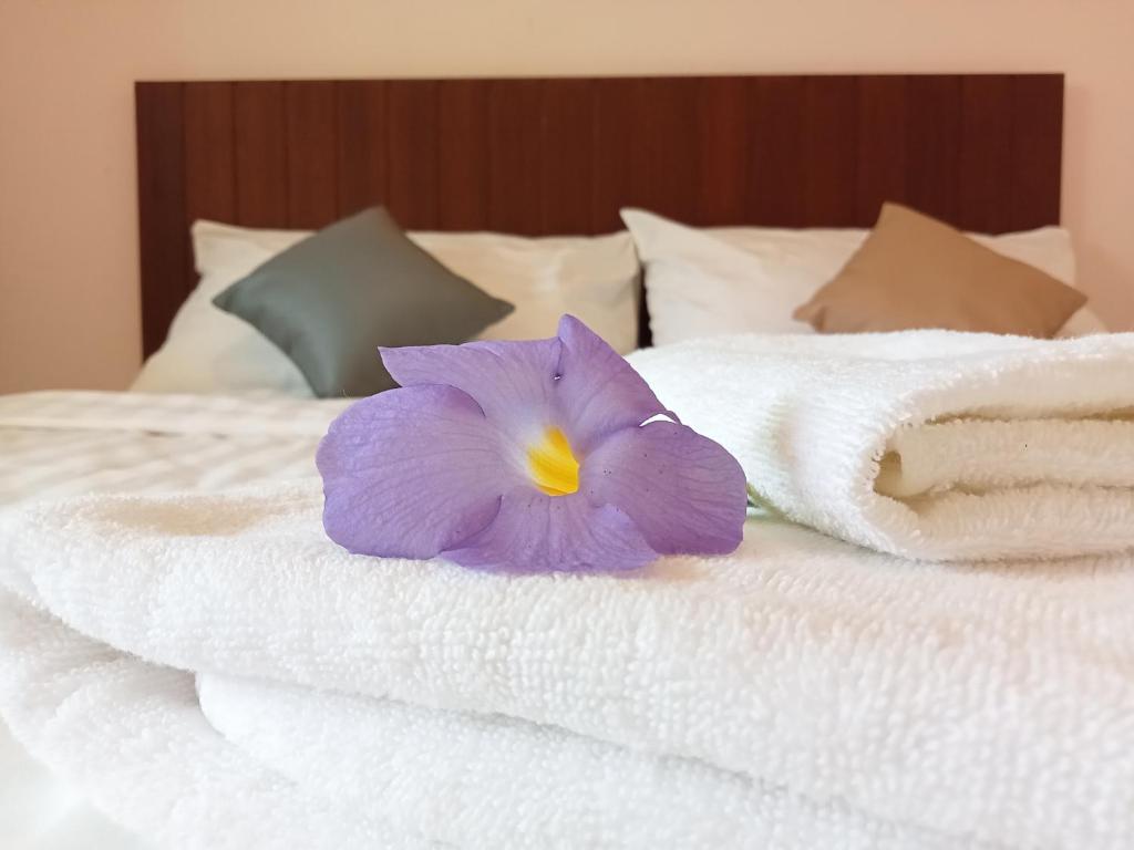 a purple flower sitting on top of a bed at COWORX Koh Lanta in Ban Mo Nae