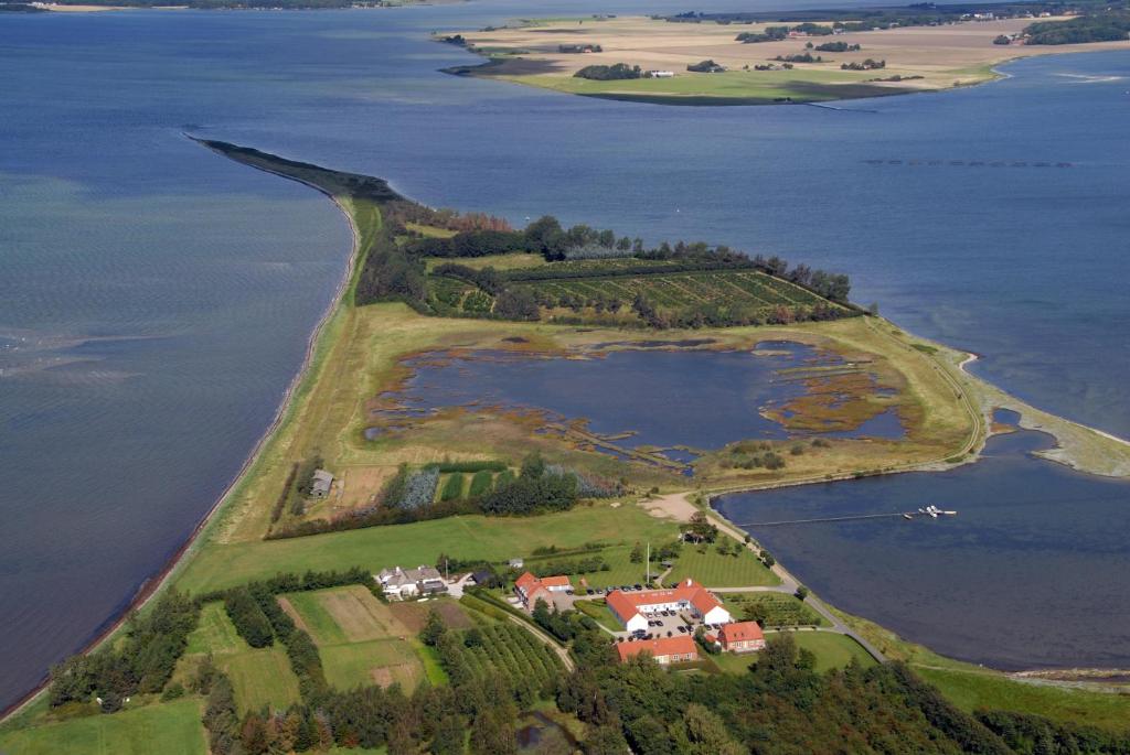 een luchtzicht op een klein eiland in het water bij Borre Knob konferencecenter in Juelsminde