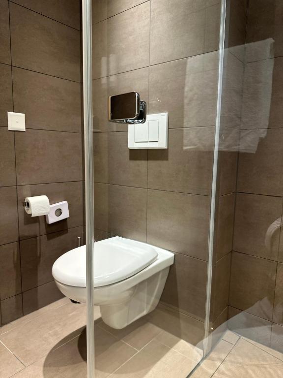 a bathroom with a toilet and a glass shower at Plaza Hotel Winterthur in Winterthur