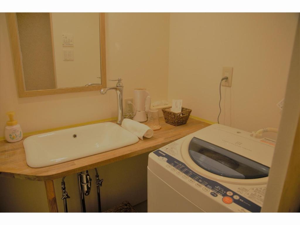 a bathroom with a sink and a washing machine at Mountain Home Lodge in Deer Park in Nara