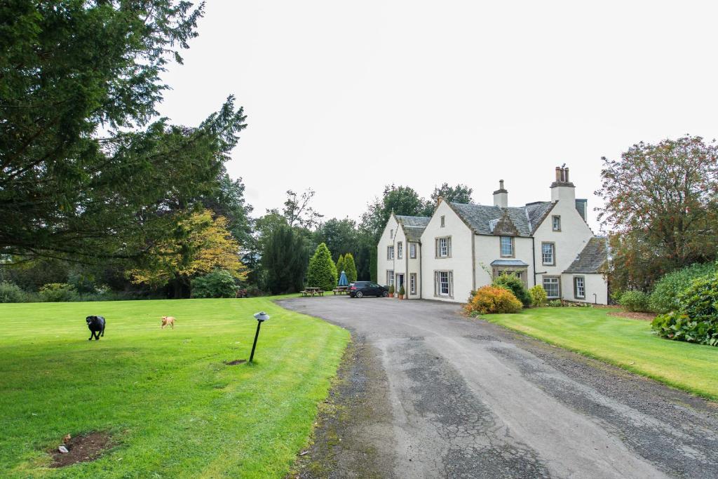 a house with two dogs on the side of a road at Rossie Ochil House with Hot Tub in Forgandenny