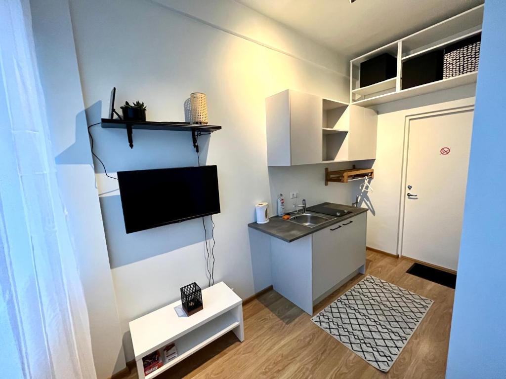 Habitación pequeña con lavabo y TV en la pared. en Savi Apartment, en Pärnu