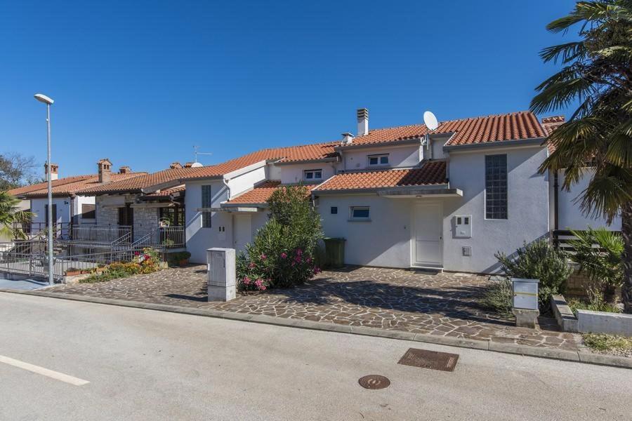Biały dom z palmą i ulicą w obiekcie Holiday Home Bianca w mieście Novigrad