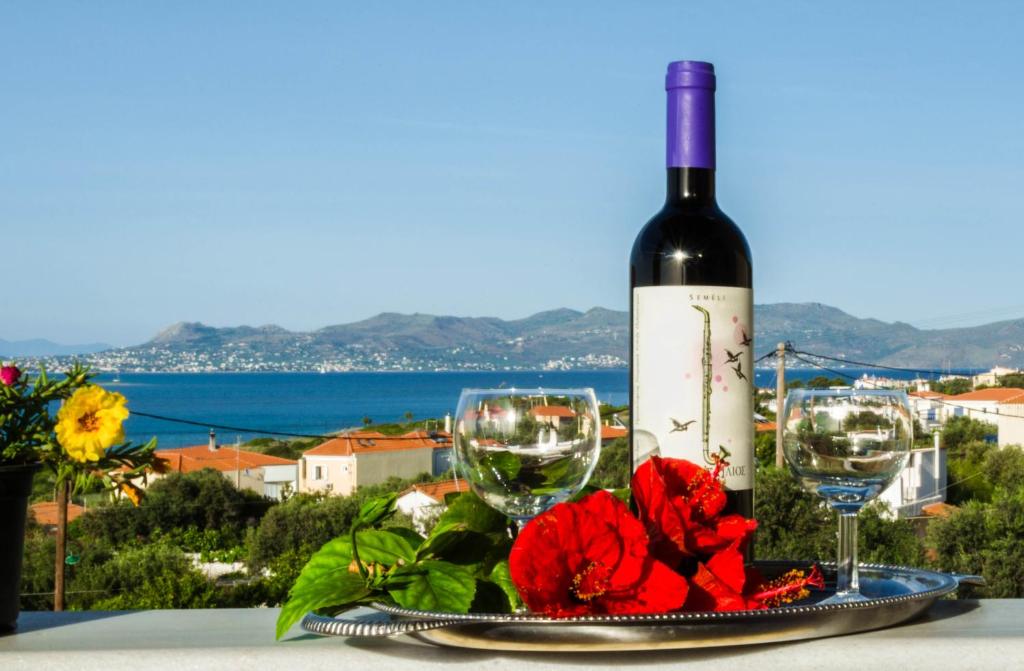 una botella de vino y dos copas en una mesa con flores en STUDIOS ATHENA, en Megalochori