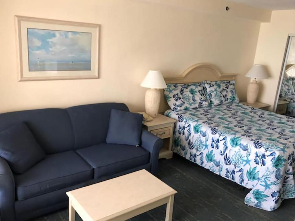 戴通納海灘的住宿－Beachin Oceanfront Studio，酒店客房设有一张沙发和一张床