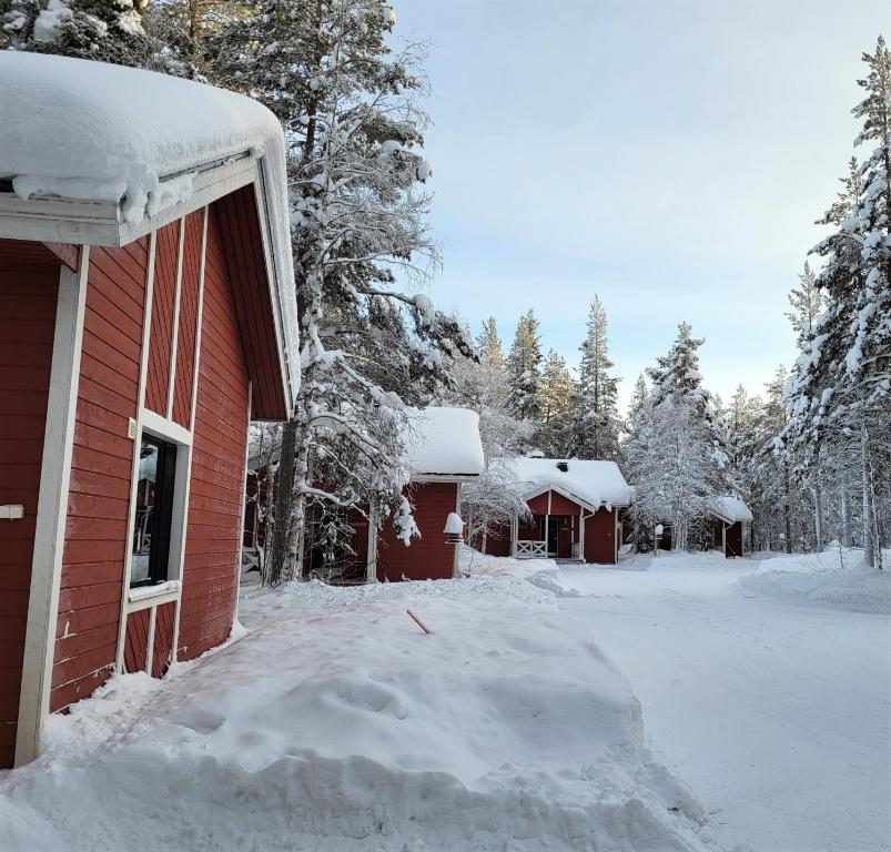a house covered in snow with trees and trees at Mäntymajat in Äkäslompolo