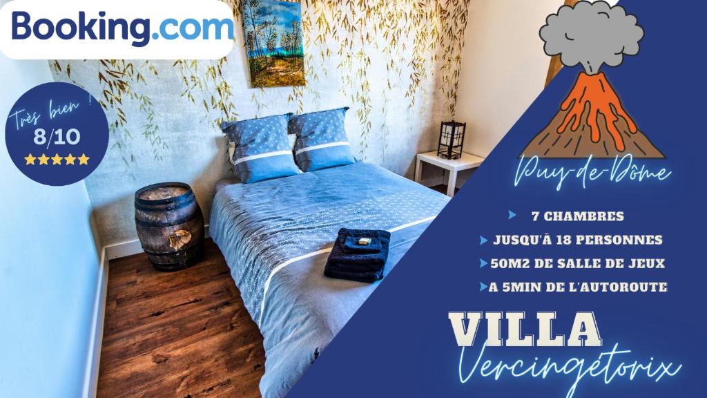 a bedroom with a bed with a mountain poster at Villa Vercingétorix - groupe, Billard - Jacuzzi Spa in Romagnat