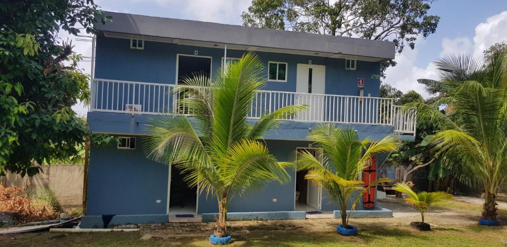 uma casa azul com palmeiras em frente em LodgeFabi'sPlace em San Andrés