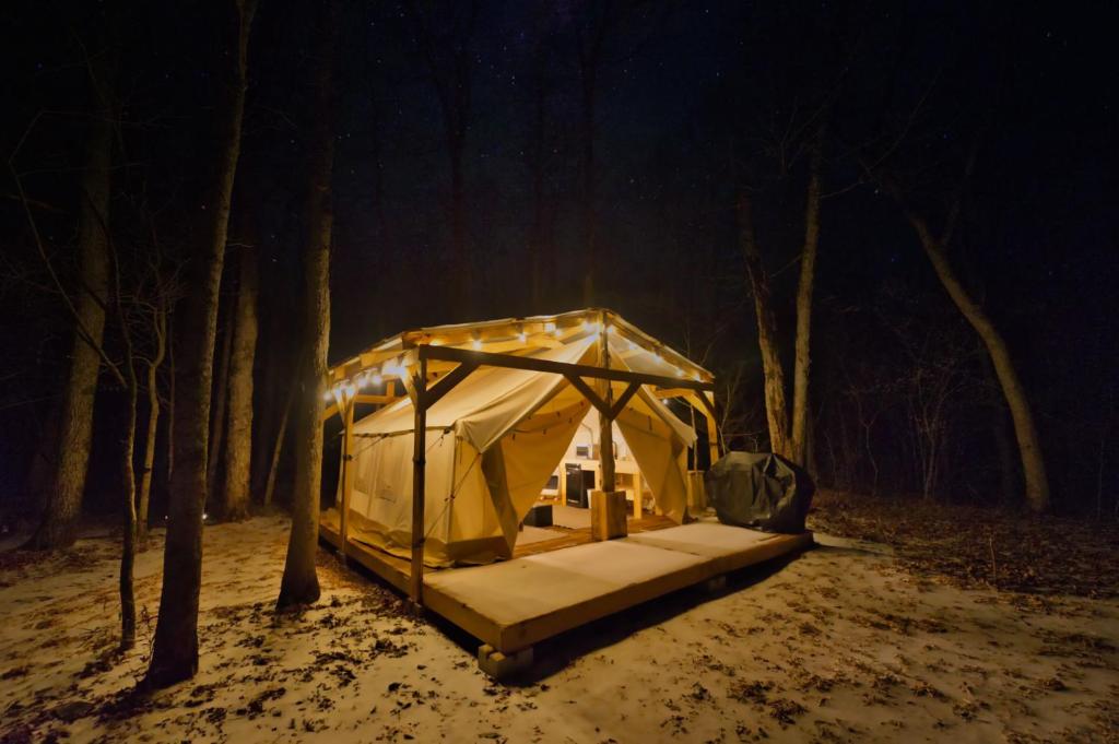 a tent in the middle of a forest at night at Creekside Glamping Current River Mark Twain Forest in Doniphan