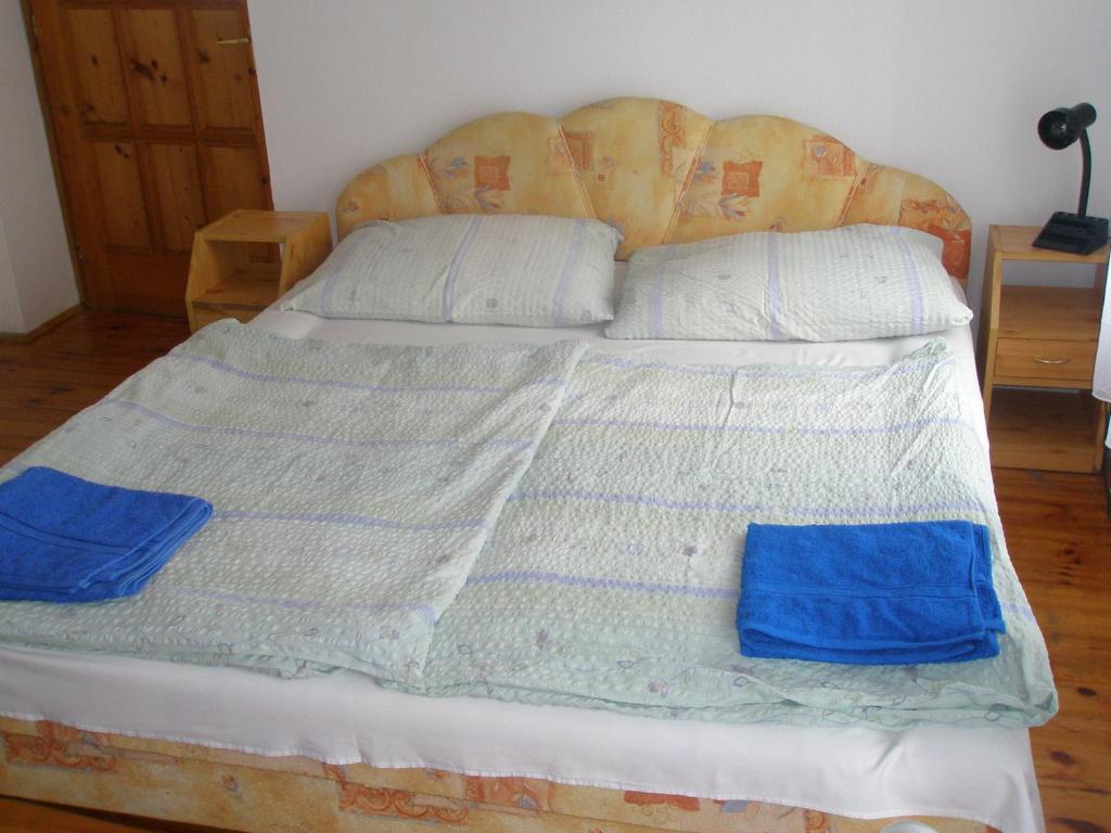 a bed with two blue pillows on top of it at Fenyő Panzió in Makó