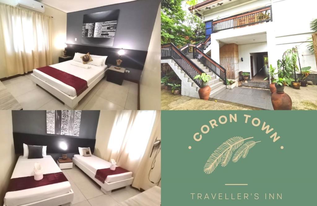 un collage de photos d'une chambre d'hôtel dans l'établissement Coron town travellers inn, à Coron