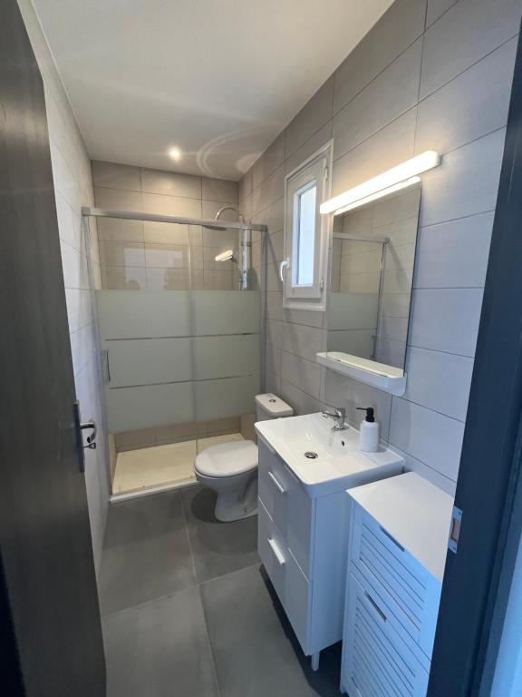 La salle de bains est pourvue de toilettes, d'un lavabo et d'un miroir. dans l'établissement Maison T1 bis Corse, à Lucciana