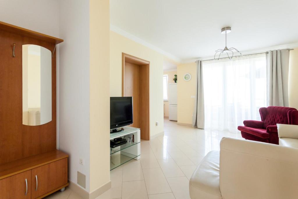 salon z kanapą i telewizorem w pokoju w obiekcie Apartments Svalina w mieście Vantačići
