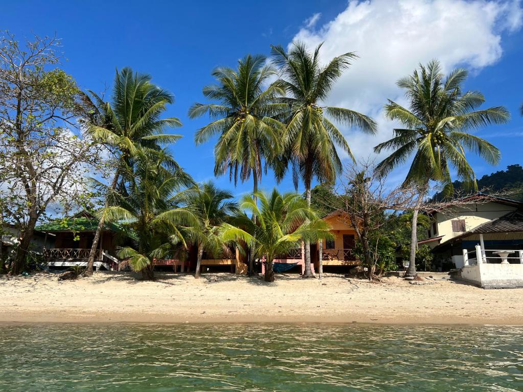 a beach with palm trees and a house at Wish Bungalow in Koh Samui 