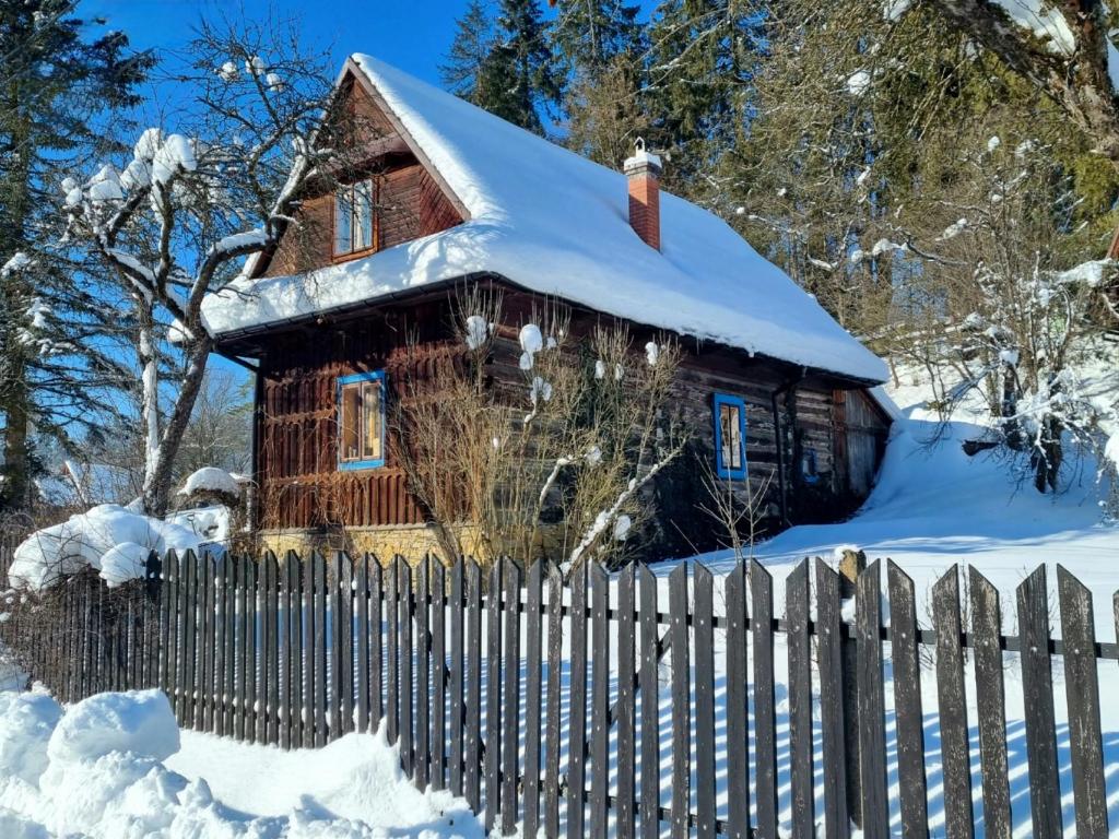 una cabaña de madera en la nieve con una valla en Miodowa Chata en Łapsze Niżne
