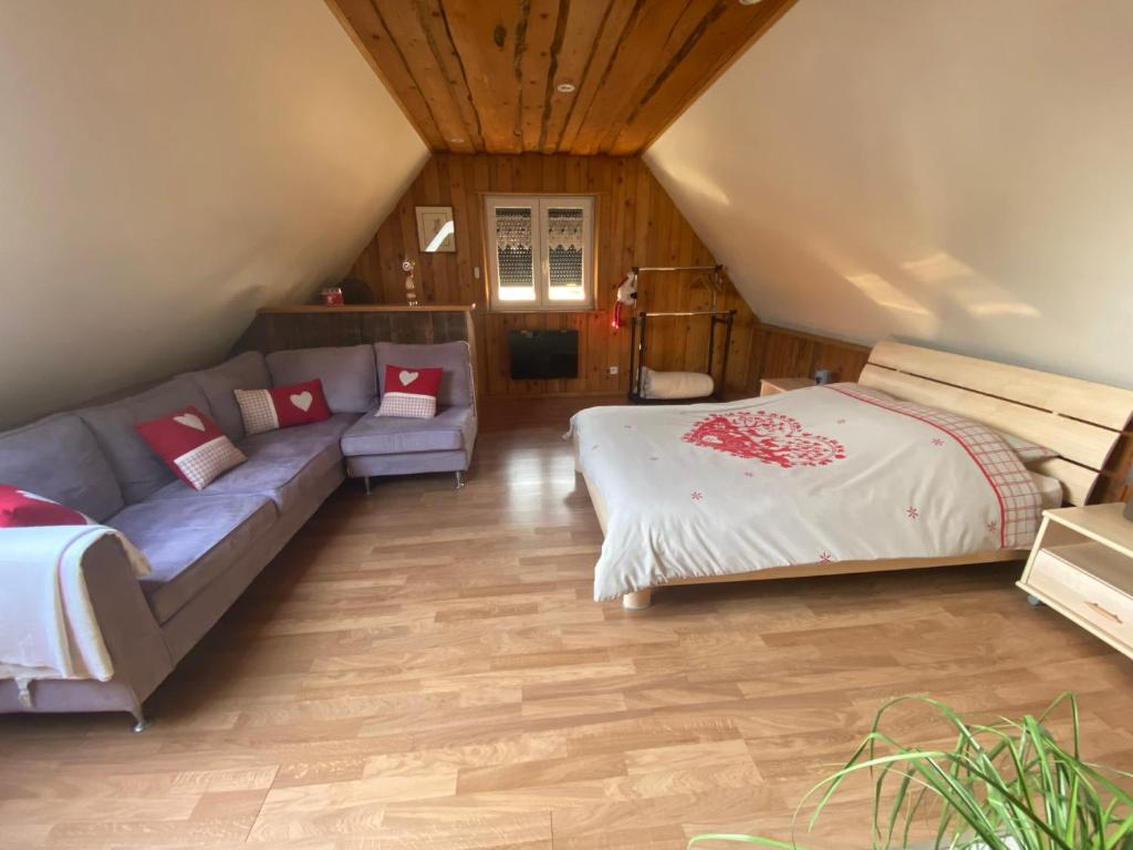 a living room with a bed and a couch at Gîte des cigognes in Sermersheim