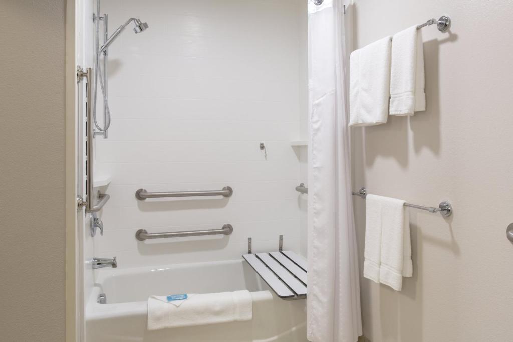 a bathroom with a tub and a shower with towels at Holiday Inn Express & Suites - Rapid City - Rushmore South by IHG in Rapid City