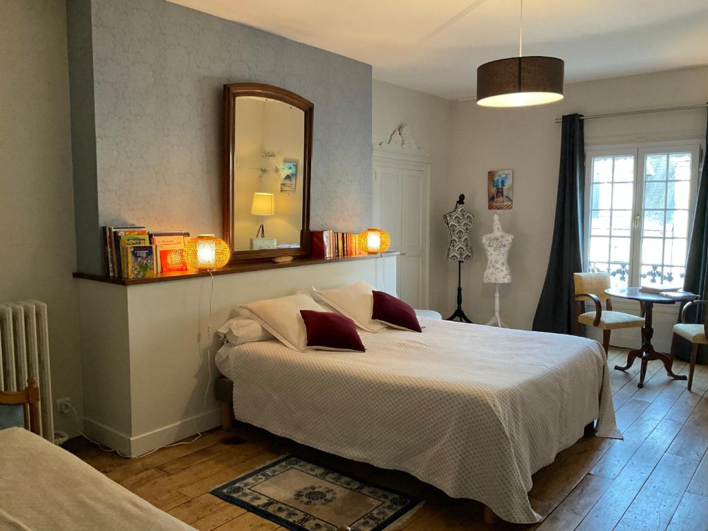 a bedroom with a large bed and a mirror at Ainsi de Suites - Chambres & table d'hôtes - Spa & massages in Reugny