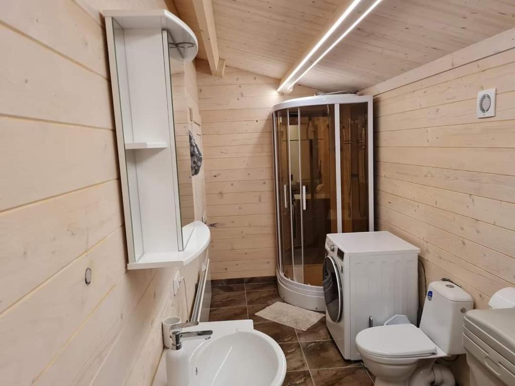 a small bathroom with a toilet and a shower at Sodybos Narūnas namelis po egle 