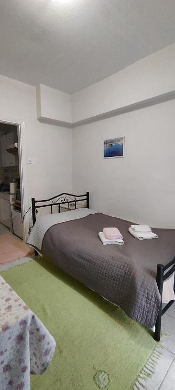 ein Schlafzimmer mit einem großen Bett und einem grünen Teppich in der Unterkunft Mini home in Thessaloniki