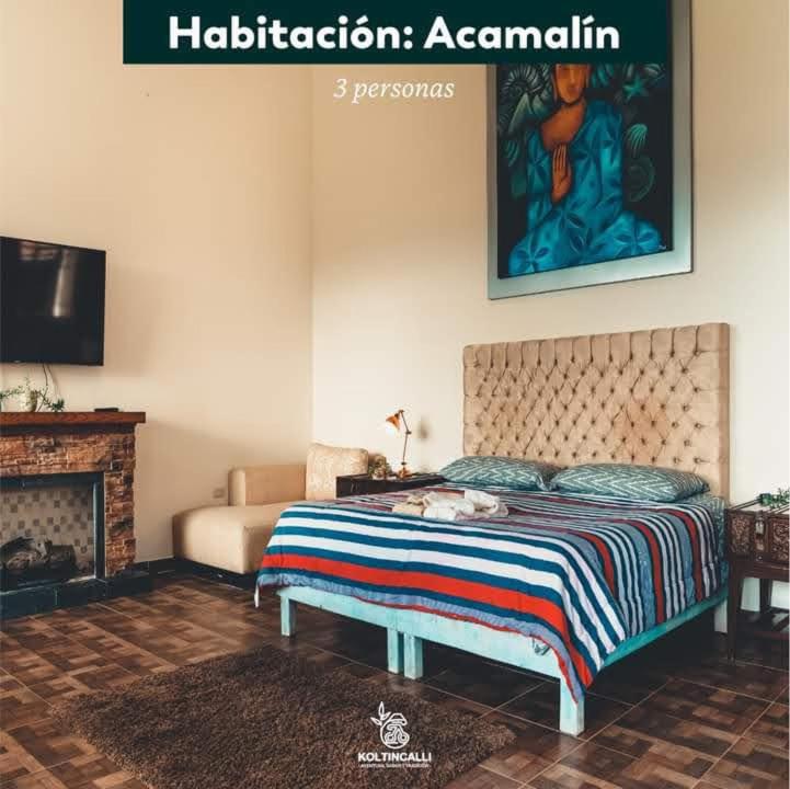 1 dormitorio con cama, sofá y chimenea en Koltincalli, en Xico