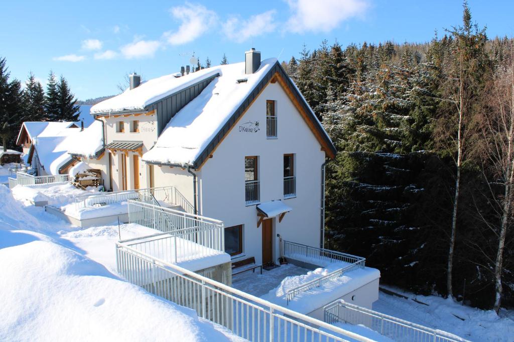 une maison blanche dans la neige avec des arbres dans l'établissement U Králíka, apartmán E, à Dolní Morava