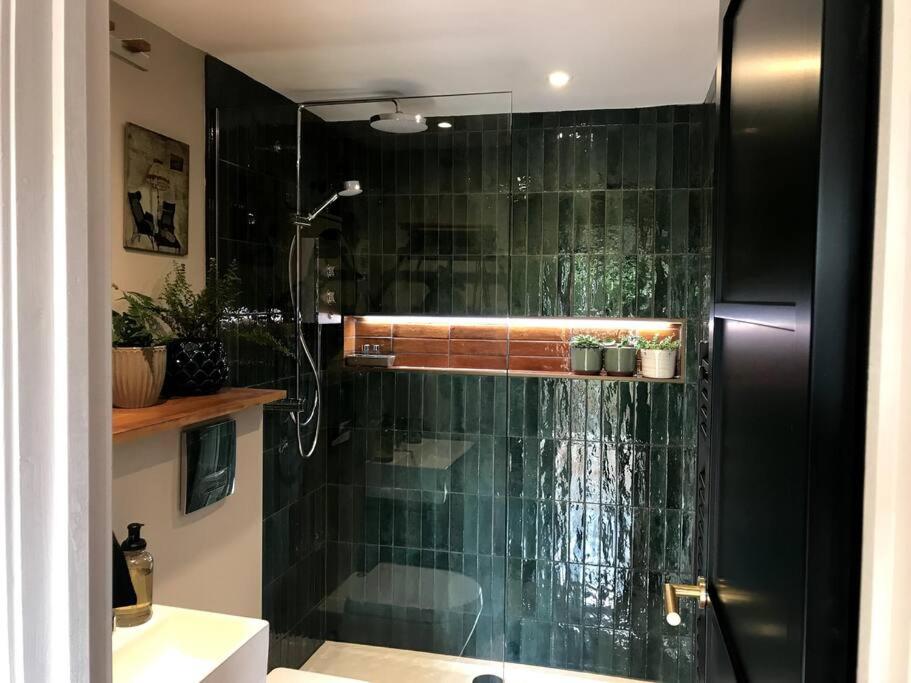 uma casa de banho com um chuveiro e uma parede de vidro em The Hideaway Apartment, Bath em Bath