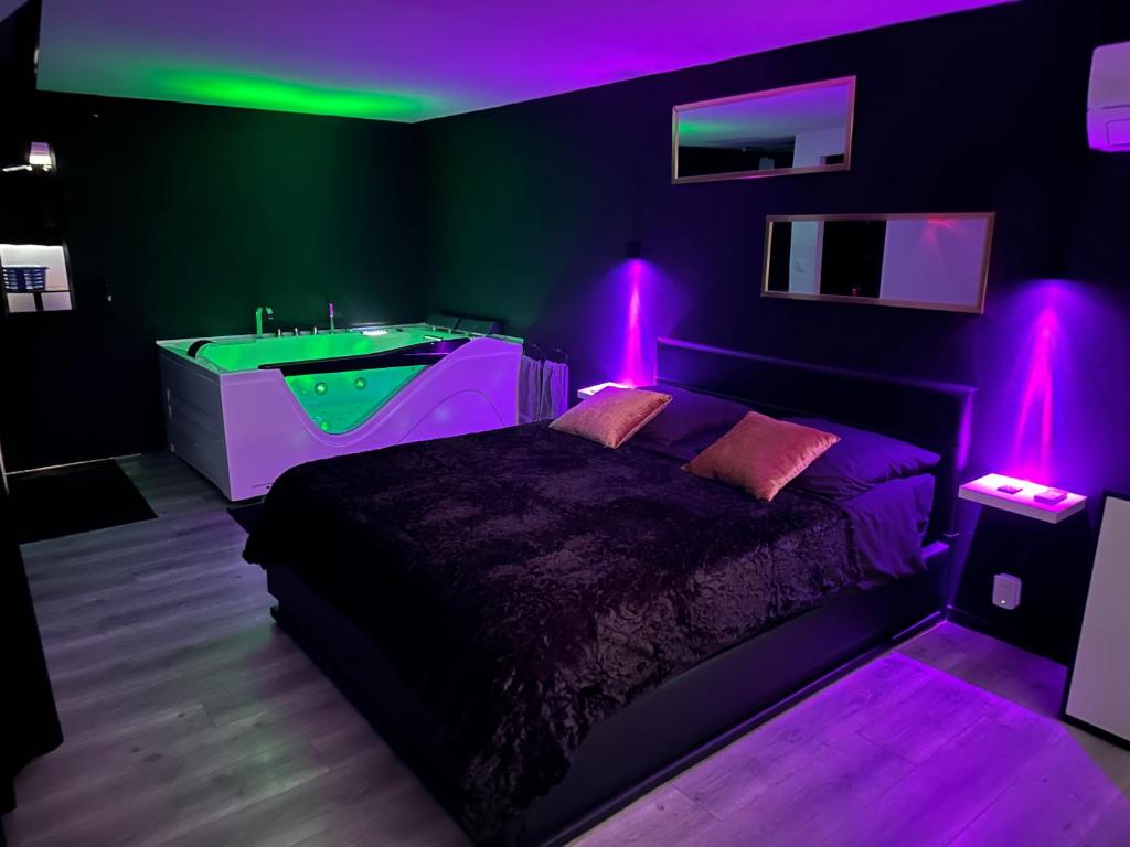JuliénasにあるLove Room du Pavillon Gite indépendant avec SPA à 50 min de Lyon dans le Beaujolaisのベッドルーム1室(ベッド1台、紫色の照明付きのバスタブ付)