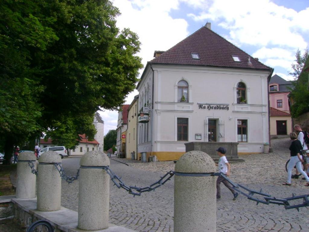 eine Gruppe von Menschen, die vor einem Gebäude spazieren in der Unterkunft Pension Na Hradbach in Tábor