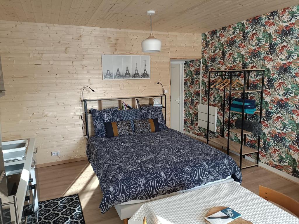 1 dormitorio con 1 cama en una habitación en Charmant studio proche canal., en Châteauneuf-du-Faou