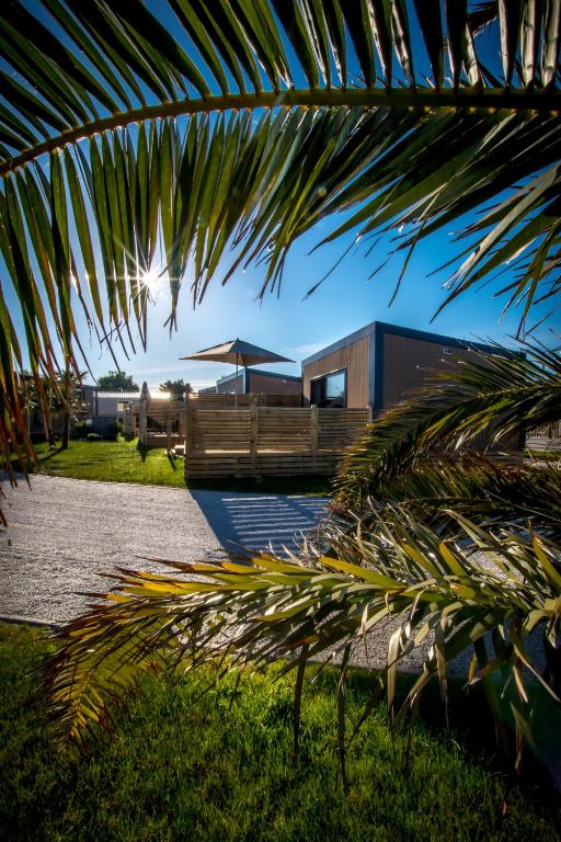 una palmera frente a una casa en M&amp;V Resort Camping, en Langrune-sur-Mer