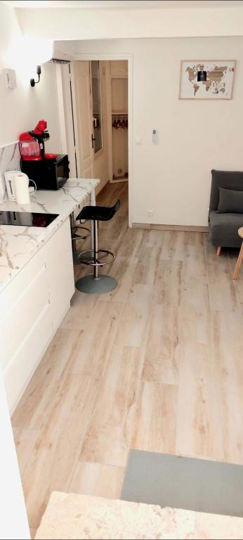 Il comprend un salon doté de parquet et d'une cuisine. dans l'établissement Le marbré de Vendargues, à Vendargues