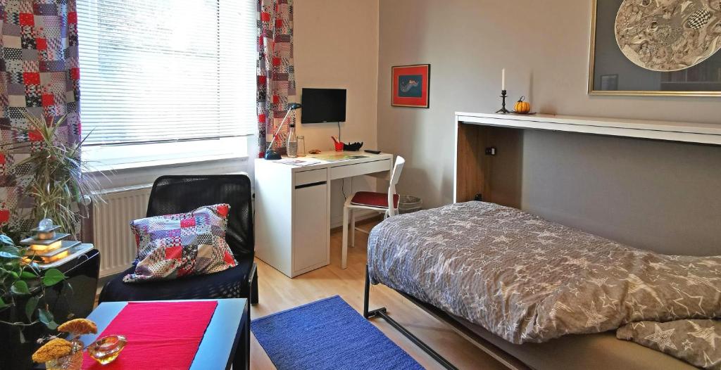 una camera con letto, scrivania e sedia di Bed&Breakfast_Einzelzimmer a Sauerthal