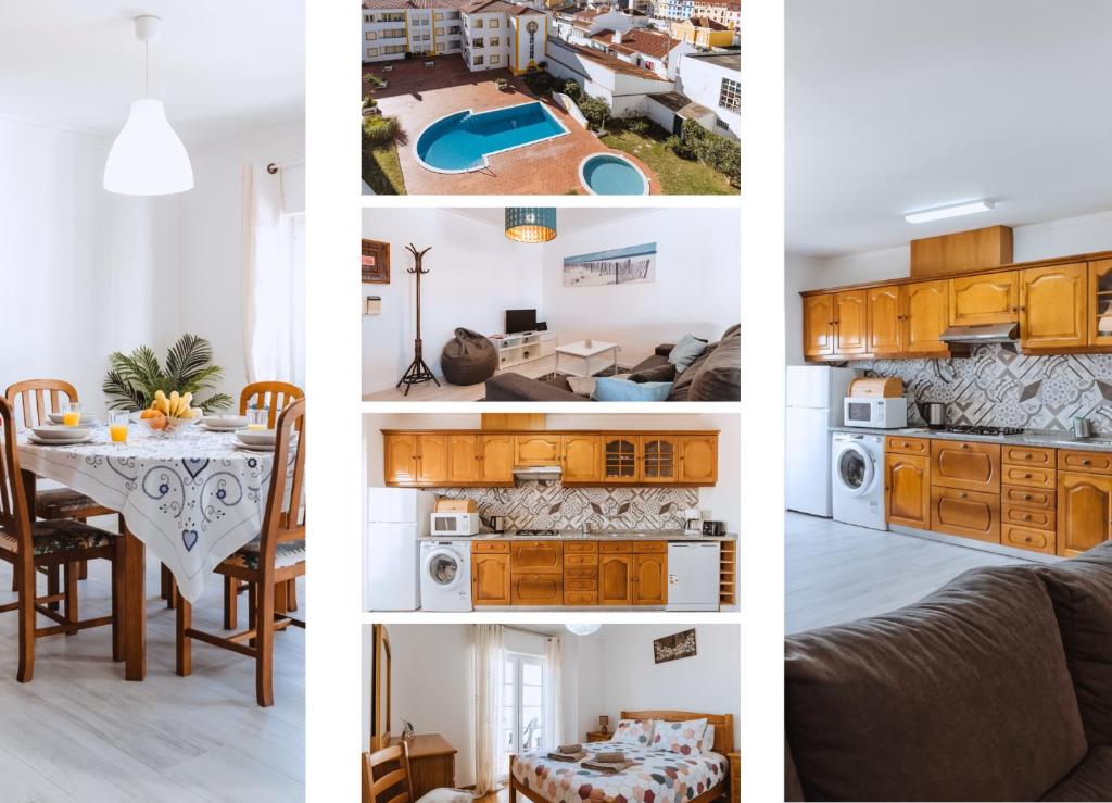 a collage of photos of a kitchen and a dining room at Apartamento Miramar - Piscina e BBQ in Santa Cruz