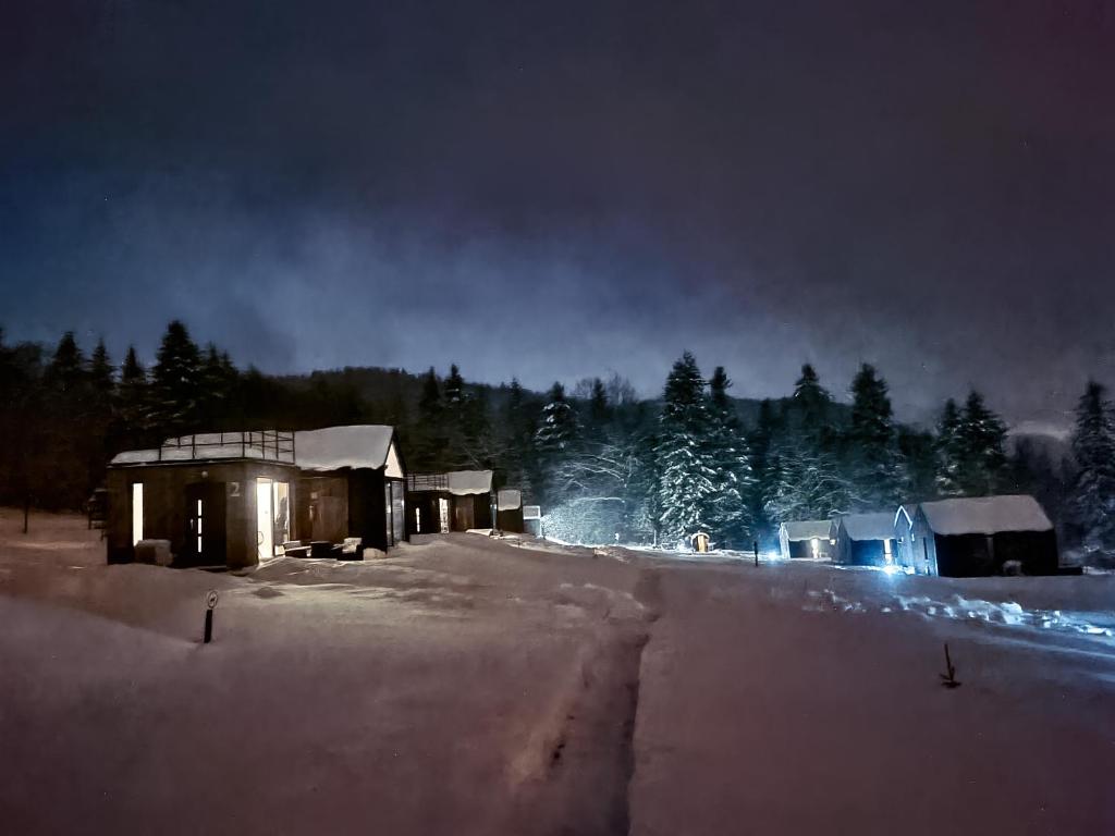 una casa en un campo cubierto de nieve por la noche en Klimkówka Pod Gwiazdami - sauna, jacuzzi, basen, en Klimkówka