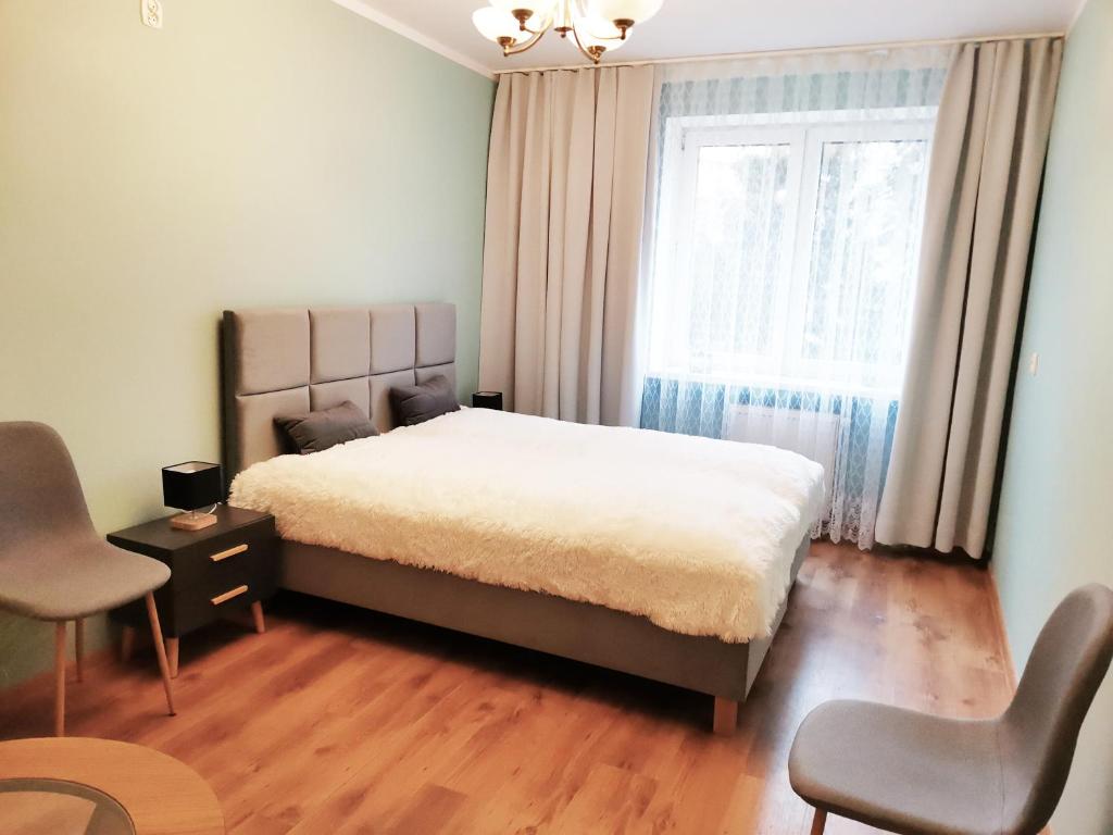 Un dormitorio con una cama grande y una ventana en Apartament Piernikowe Serce, en Toruń