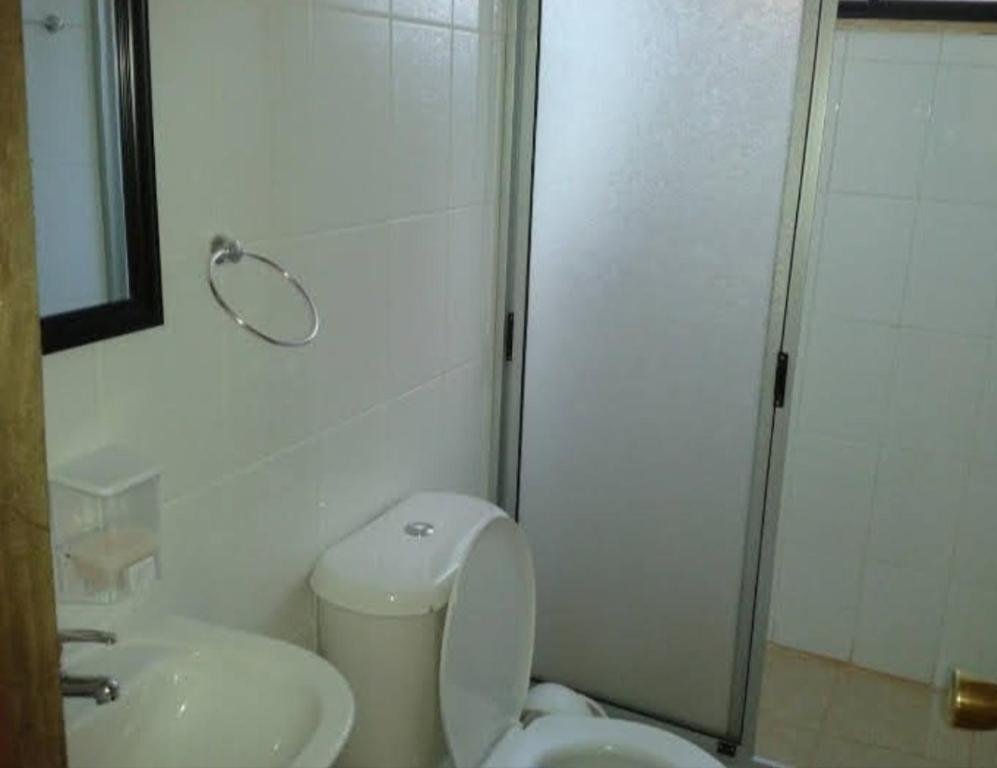 y baño con aseo, lavabo y ducha. en Hosteria y Cabañas Rucantu, en Freire