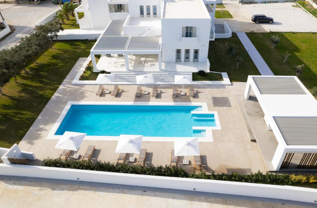 an aerial view of a villa with a swimming pool at Tzanis Resort Skyros in Skiros