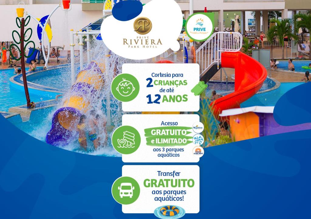a sign at a water park with a water slide at Prive Riviera Thermas - OFICIAL in Caldas Novas