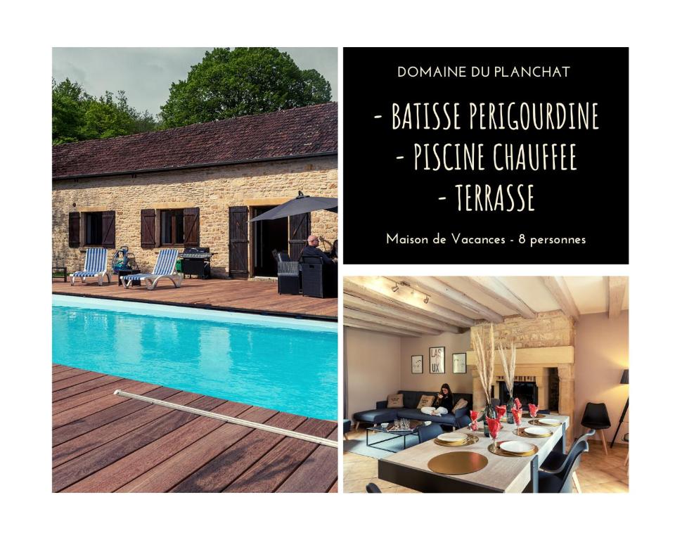 un collage de dos fotos de una casa y una piscina en Maison de vacances avec piscine en Montignac