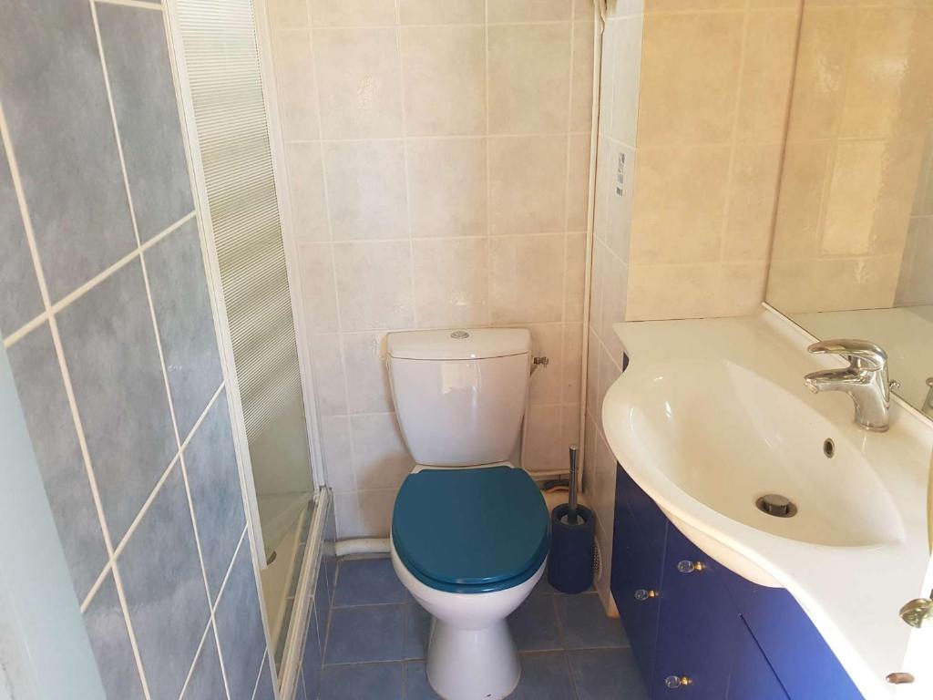 a bathroom with a blue toilet and a sink at Studio Valras-Plage, 1 pièce, 4 personnes - FR-1-701-48 in Valras-Plage
