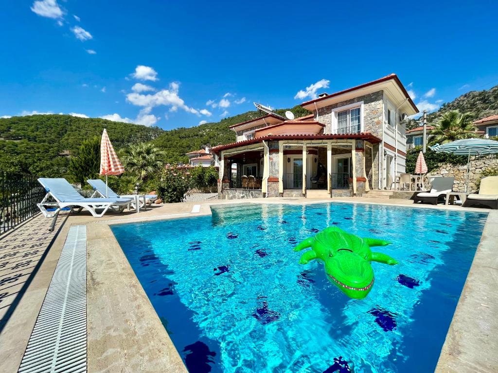 a pool in front of a house with a green turtle in the water at Private Pool - Private 1000m2 Garden, 4 Bedroom - 3 Bathroom - 8 Person, DETACHED Villas, Unlimited WiFi - Free Parking in Fethiye