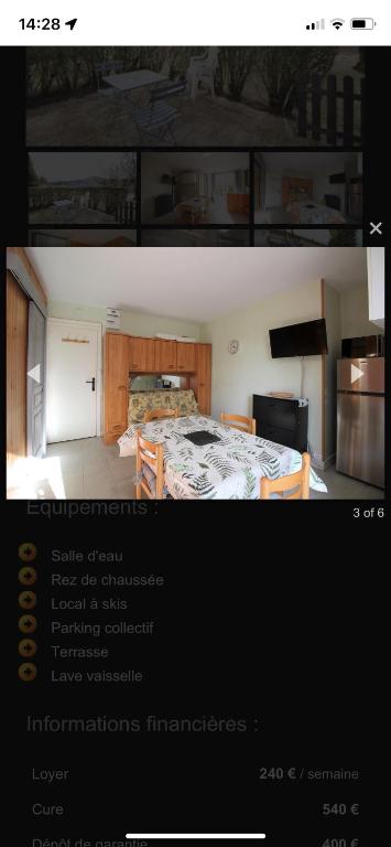 - un lit à baldaquin dans une chambre avec un lit et une cuisine dans l'établissement Studio résidence Auvergne la Bourboule, à La Bourboule