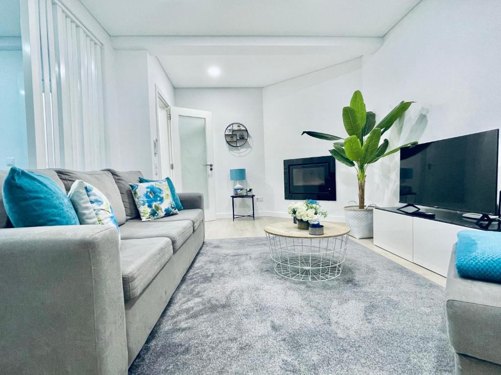 a living room with a couch and a tv at Central Tiled Apartment in Aveiro