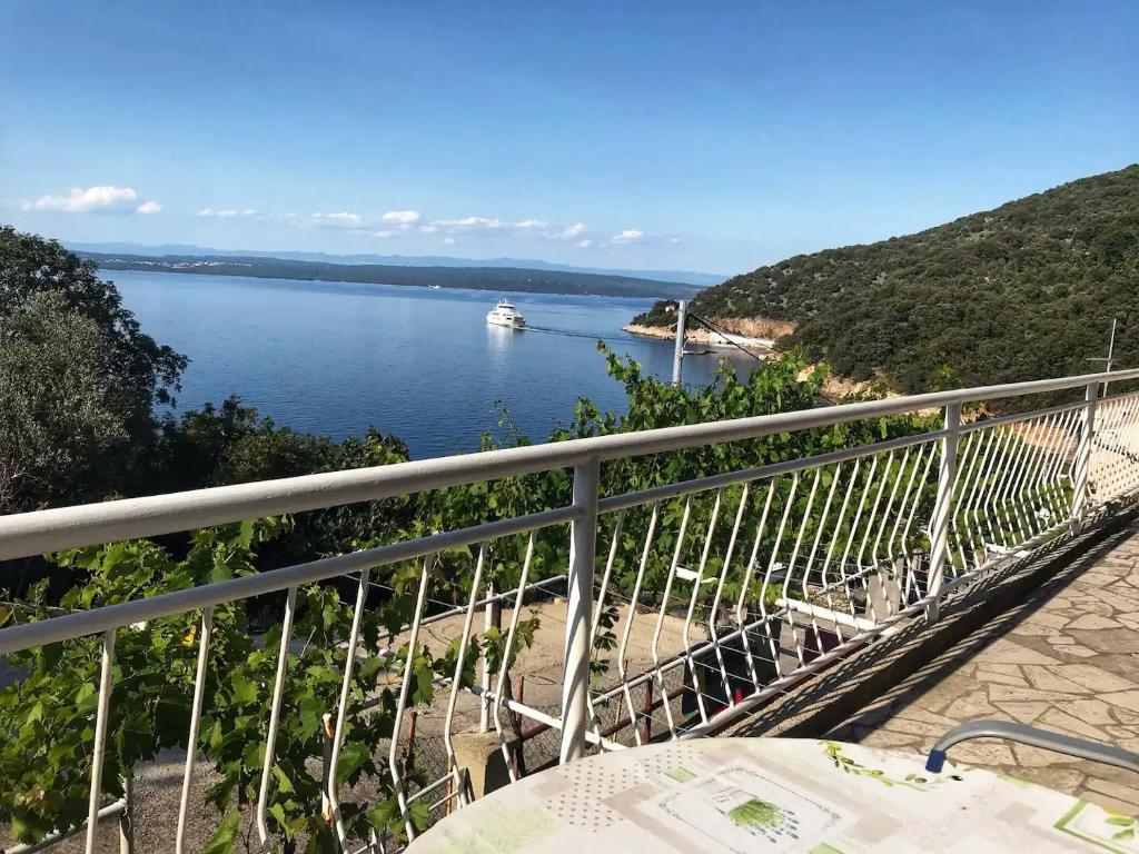 Blick auf einen Fluss mit einem Boot im Wasser in der Unterkunft Apartments Luki - great view in Smergo