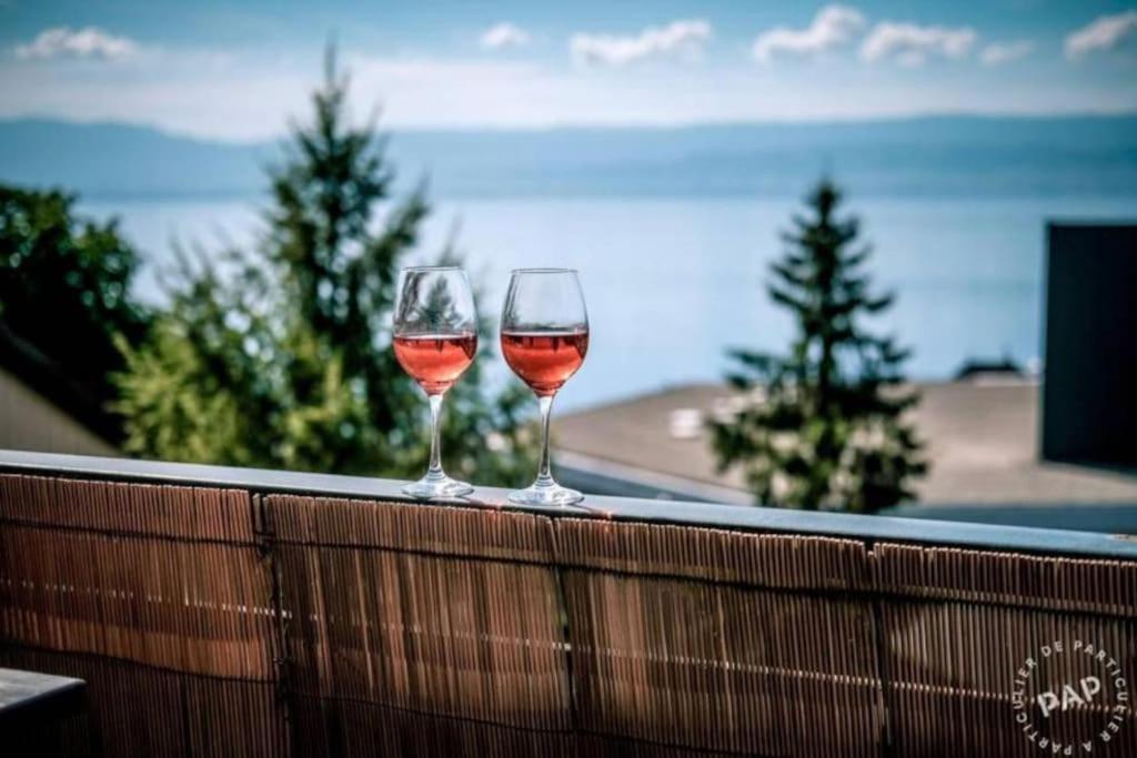 deux verres à vin posés sur une clôture en bois dans l'établissement Le 7ème Ciel - 3 étoiles, à Thonon-les-Bains