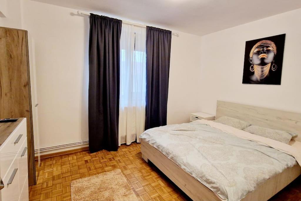 ein Schlafzimmer mit einem großen Bett und einem Fenster in der Unterkunft Belle Apartments - Bratianu in Piteşti